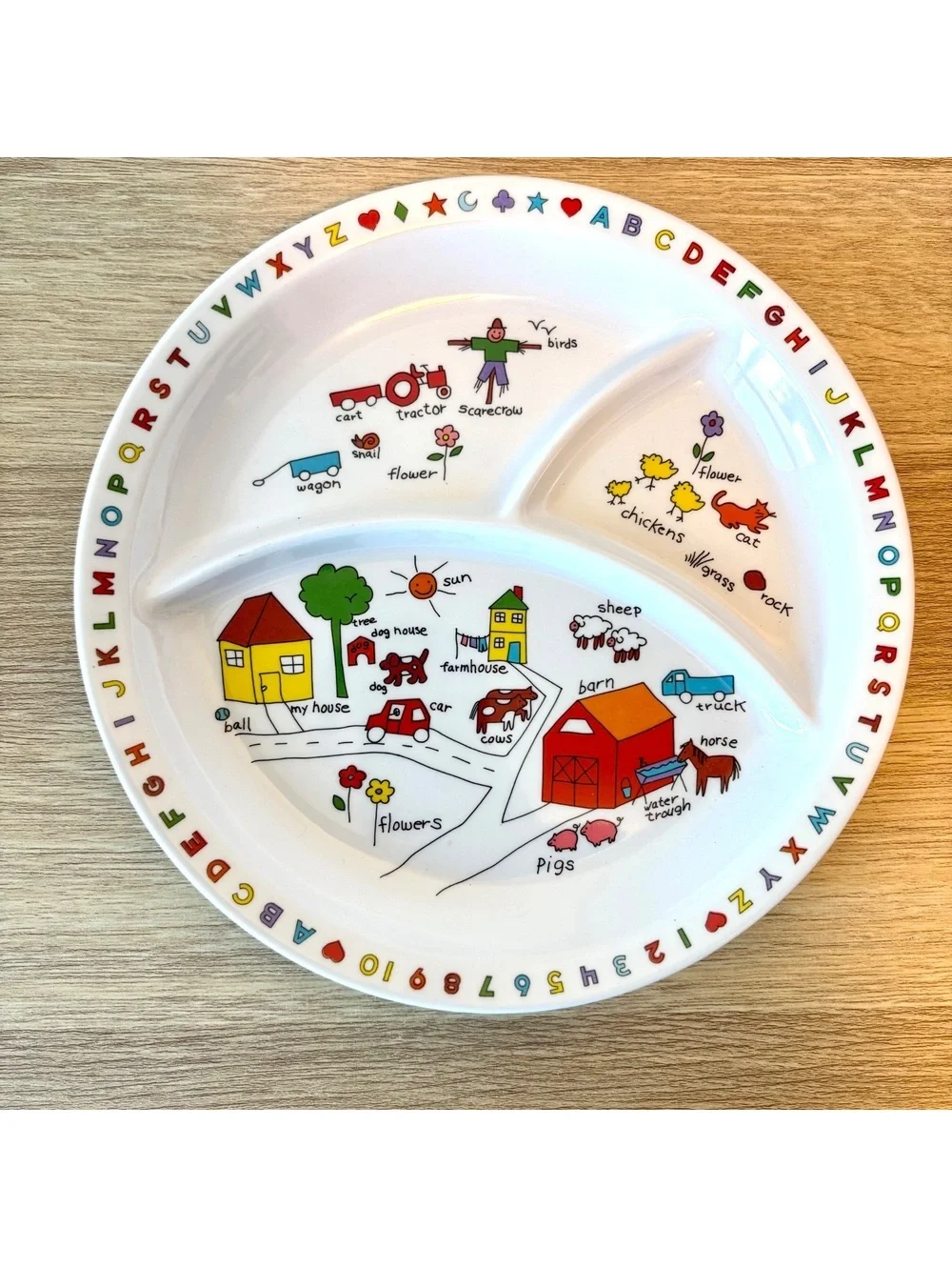 Vintage 1987 Anacapa Melamine Farm Children’s Dish Set Divided Plate, Bowl & Cup